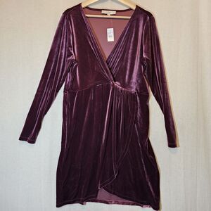 NEW Loft Faux Wrap Knot Velvet Dress Plumberry Knee Length Tulip Hem Size Large
